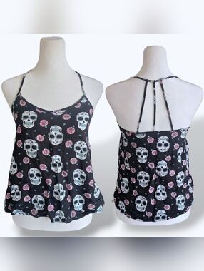 🟨 No Boundaries Black Sugar Skull Floral Print Strappy Back Tank XSmall & Small